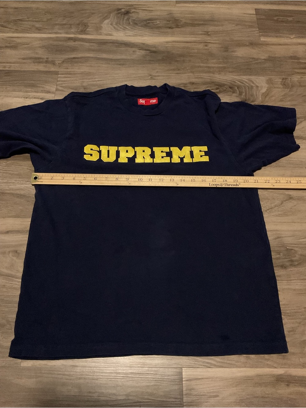 Supreme Navy Short Sleeve Tee with Yellow Chest Logo - Picture 5 of 6